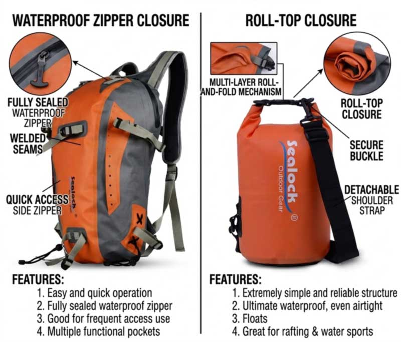 Campingové tašky Roll Top versus voděodolné zipy pro projekty OEM