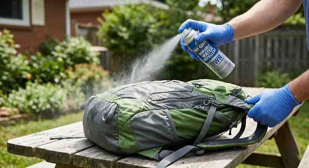 Applying durable water repellent spray to a backpack