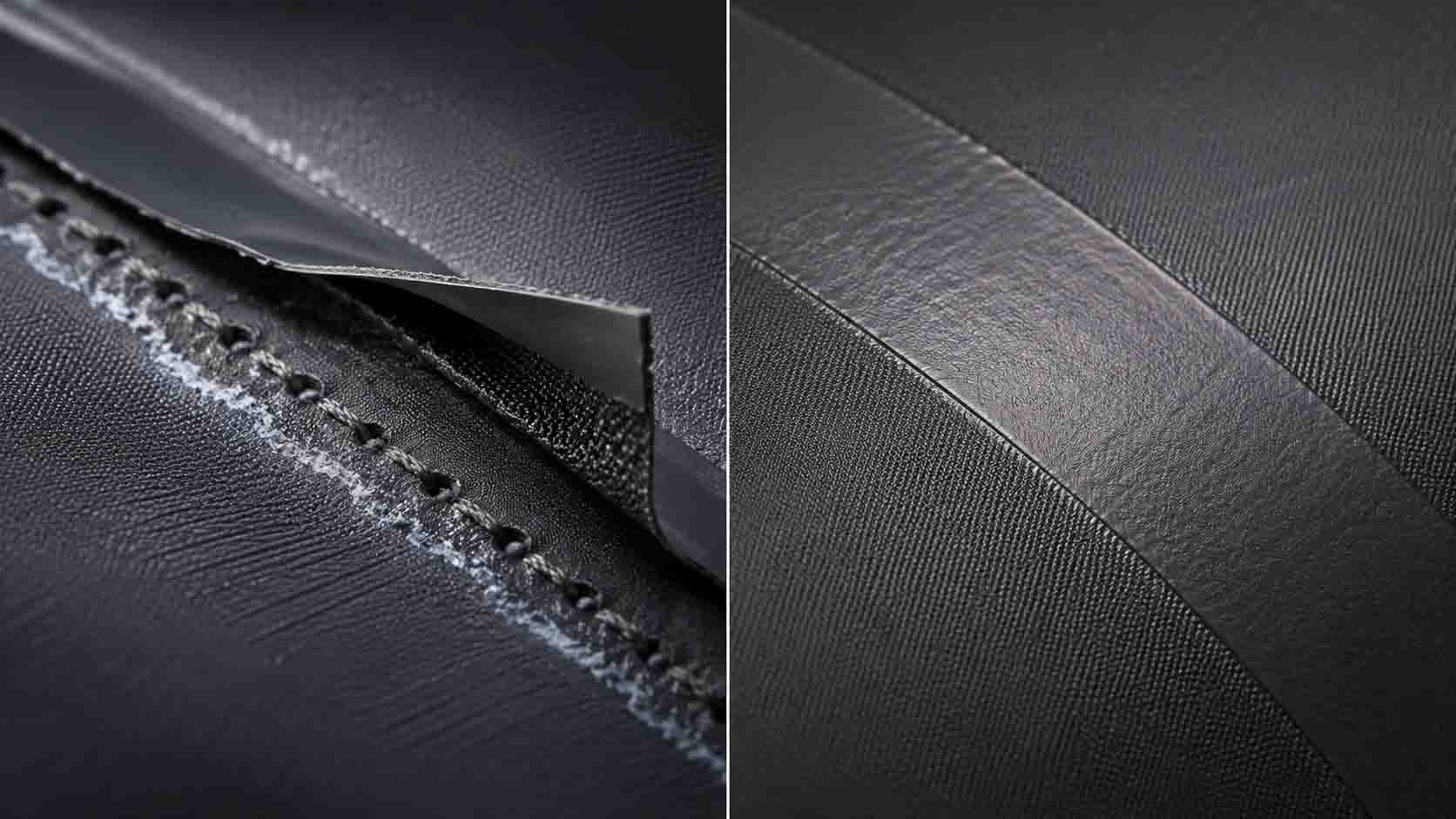 A sewn-and-taped seam (left) vs HF-welded seam (right, no needle holes).